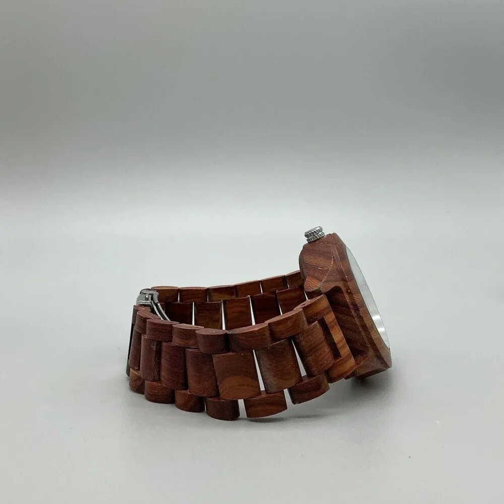 Mens Watch 45mm Brown Skeleton Dial Wood Bracelet Automatic Gold Tone 8.75